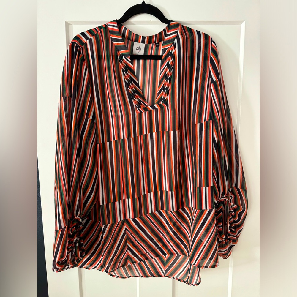 CAbi Multi-Stripe V-Neck Blouse in Red, Black, White & Green